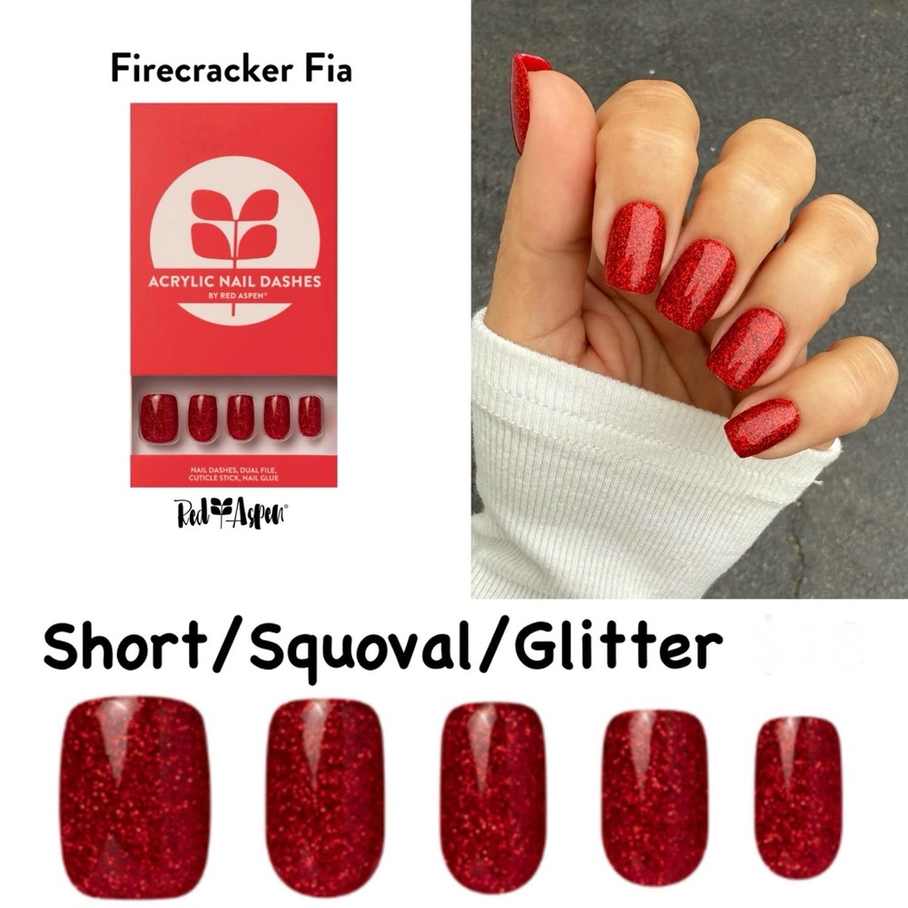 Red Aspen Firecracker Fia Short Squoval Glitter Press-On Nails - Red